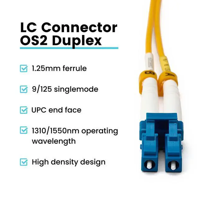 Alt view image 2 of 7 - LC to LC OS2 Fiber Patch Cable, 5m (16.40ft), UPC Polish, 200GB Singlemode (SM) Duplex 9/125um, Riser Rated (OFNR) UL Listed, 1pc, Yellow