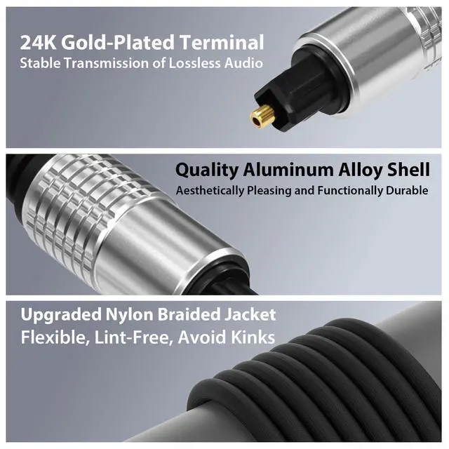 Alt view image 5 of 7 - Optical Audio Cable, Digital Optical Cable with Toslink Connectors, Braided Digital Audio Cables for Soundbar, TV, Receiver, Speaker, Xbox, PS5, Blu-Ray Gold-Plated, 3.3ft