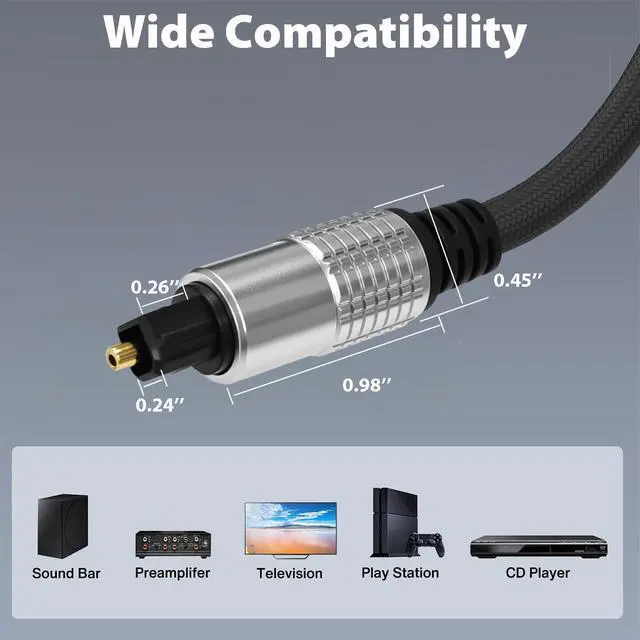 Alt view image 7 of 7 - Optical Audio Cable, Digital Optical Cable with Toslink Connectors, Braided Digital Audio Cables for Soundbar, TV, Receiver, Speaker, Xbox, PS5, Blu-Ray Gold-Plated, 3.3ft