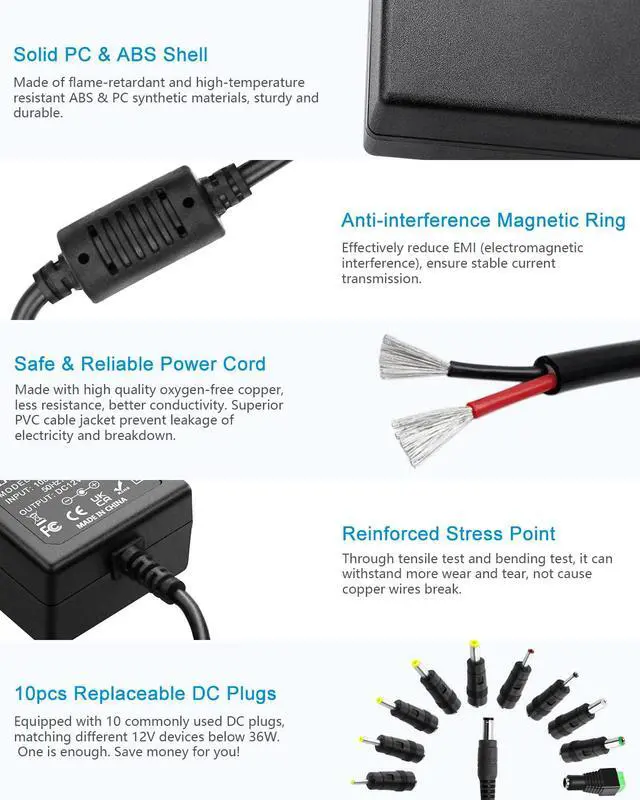 Alt view image 5 of 7 - 12V 3A Power Supply DC 12 Volt AC Adapter 36W 2.5A 2A 1.5A 1A Replacment Power Cord Converter Transformer 4.92Ft with 10 Tips for LED Strip Light CCTV Security Camera Router PC Monitor