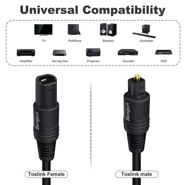 Alt view image 4 of 6 - Optical Cable Extension, 6ft, Female-to-Male, Fiber Digital Audio Cable for Soundbar/TV/PS4/Xbox/Home Theater