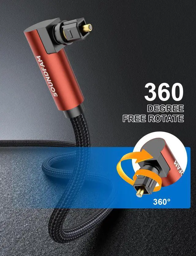 Alt view image 3 of 7 - 90-Degree Optical Audio Cable 3ft, 360° Swivel Right Angle Toslink Cable with Flexible Cotton Braid, Compatible with Soundbar, TV, PS5, Xbox, Home Theater for Lossless Audio