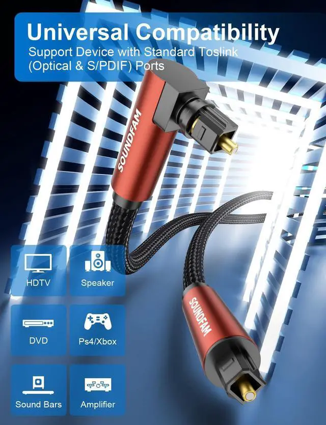 Alt view image 7 of 7 - 90-Degree Optical Audio Cable 3ft, 360° Swivel Right Angle Toslink Cable with Flexible Cotton Braid, Compatible with Soundbar, TV, PS5, Xbox, Home Theater for Lossless Audio