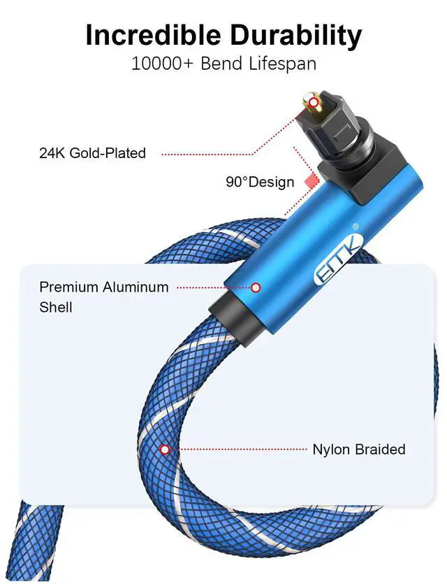 Alt view image 4 of 7 - 90 Degree Optical Cable 360 Degree Free-Rotating Fiber Optic Cable Toslink Male to Male Cable for Home Theater, Soundbar, Gaming Console, Speaker(5FT/1.5M)