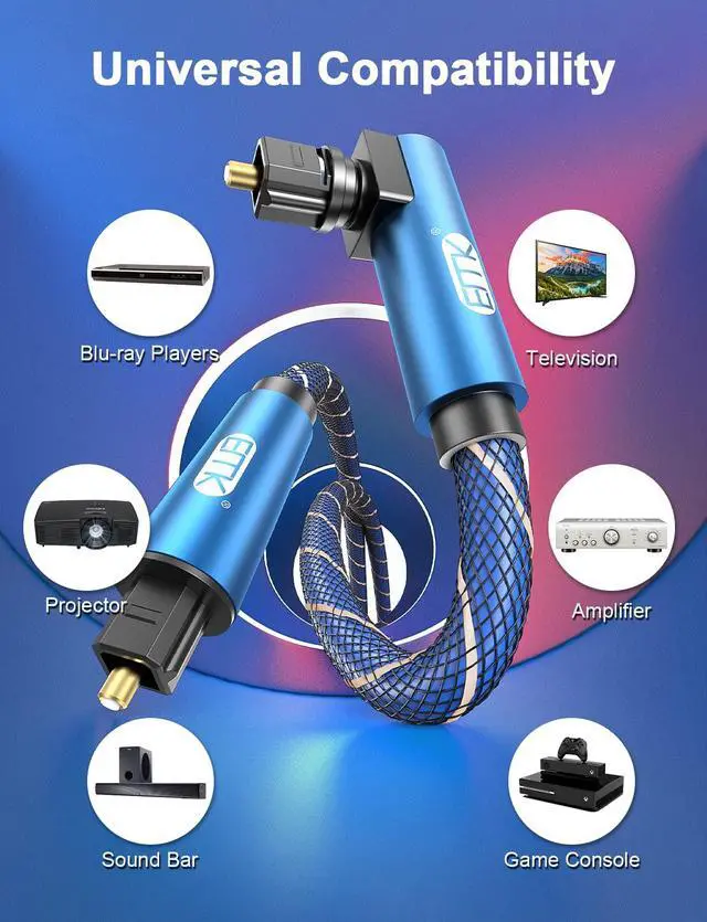 Alt view image 7 of 7 - 90 Degree Optical Cable 360 Degree Free-Rotating Fiber Optic Cable Toslink Male to Male Cable for Home Theater, Soundbar, Gaming Console, Speaker(5FT/1.5M)