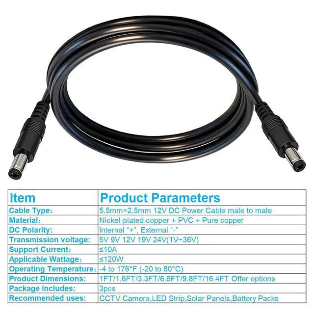 Alt view image 5 of 5 - 5.5mm x 2.5mm 12V DC Power Cable 3-Pack,DC5525 Male to Male Extension Cable 18AWG for CCTV Surveillance Camera,LED Strip Light Dimmer,Solar Panels,Router,3.3FT