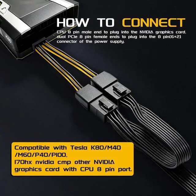 Alt view image 5 of 7 - NVIDIA Graphics Card Power Cable 030-0571-000 CPU 8 Pin Male to Dual PCIe 8 Pin Female Adapter for Tesla K80/M40/M60/P40/P100 4.7 inches (2-Pack) (12cm)