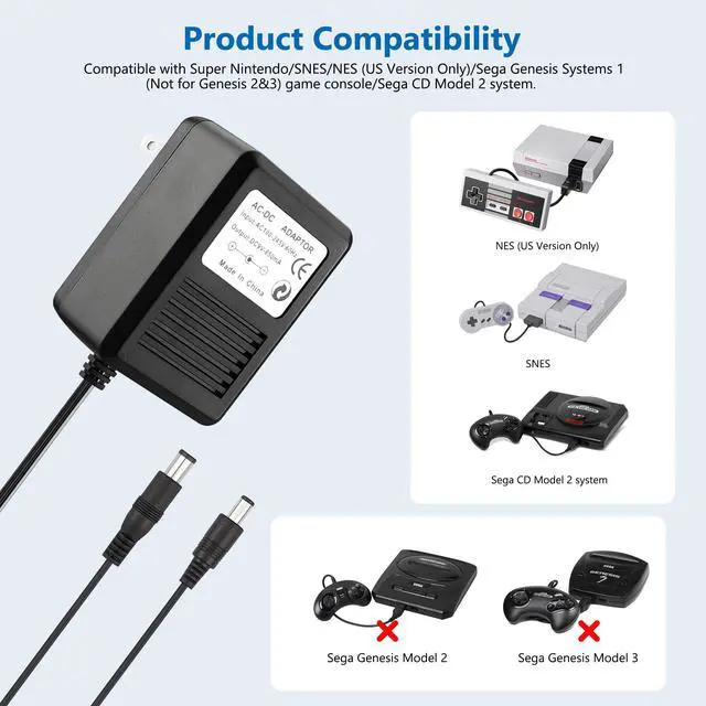 Alt view image 4 of 7 - for SNES Power Supply, NES Power Cord Compatible with Super Nintendo/SNES/NES/Sega Genesis mk1 / Genesis 2 / Atari Jaguar