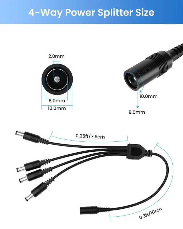 Alt view image 4 of 7 - 12V 2A 100V-240V US AC to DC Power Supply Adapter & 4-Way Power Splitter Cable for CCTV Home Security Camera Surveillance System