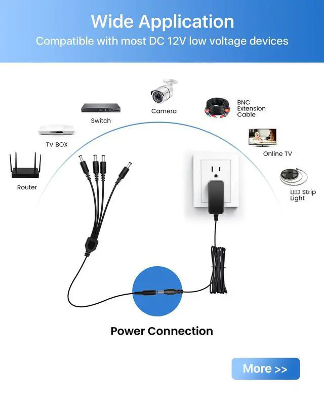 Alt view image 5 of 7 - 12V 2A 100V-240V US AC to DC Power Supply Adapter & 4-Way Power Splitter Cable for CCTV Home Security Camera Surveillance System