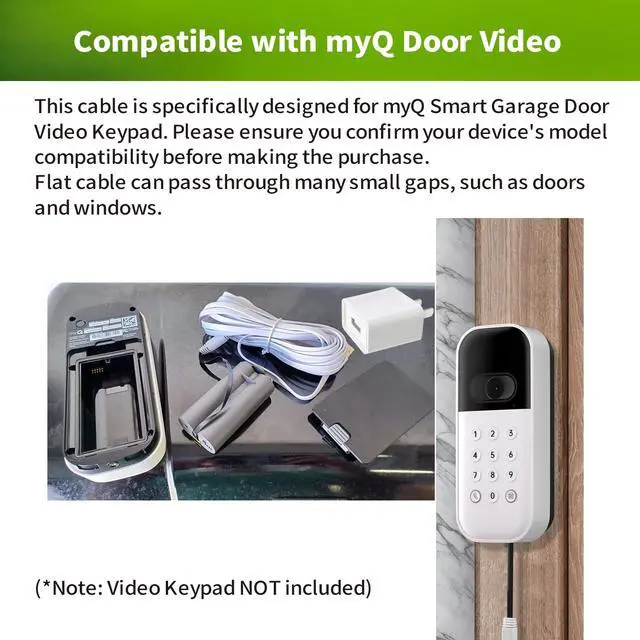Alt view image 3 of 7 - 10ft/3m Power Cable and Adapter for myQ Smart Garage Door Video Keypad, Weatherproof Outdoor Flat Charging Cable Continuously Charging Your Video Keypad, Includes White Mounting Nails
