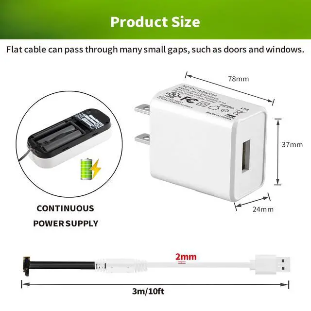 Alt view image 4 of 7 - 10ft/3m Power Cable and Adapter for myQ Smart Garage Door Video Keypad, Weatherproof Outdoor Flat Charging Cable Continuously Charging Your Video Keypad, Includes White Mounting Nails