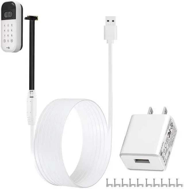 Main image of 10ft/3m Power Cable and Adapter for myQ Smart Garage Door Video Keypad, Weatherproof Outdoor Flat Charging Cable Continuously Charging Your Video Keypad, Includes White Mounting Nails