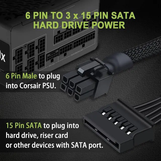 Alt view image 4 of 7 - SATA Power Cable for Corsair PSUs, 6 Pin to 3X 15 Pin SATA Hard Drive Power Adapter Splitter Sleeved for BTC Mining Riser Card 20-in(50cm)