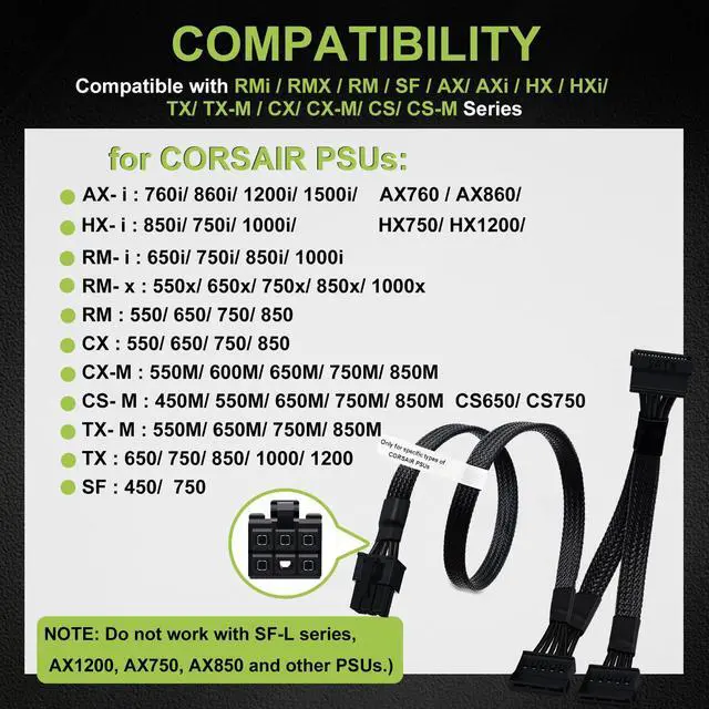 Alt view image 6 of 7 - SATA Power Cable for Corsair PSUs, 6 Pin to 3X 15 Pin SATA Hard Drive Power Adapter Splitter Sleeved for BTC Mining Riser Card 20-in(50cm)