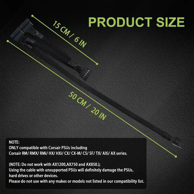 Alt view image 7 of 7 - SATA Power Cable for Corsair PSUs, 6 Pin to 3X 15 Pin SATA Hard Drive Power Adapter Splitter Sleeved for BTC Mining Riser Card 20-in(50cm)