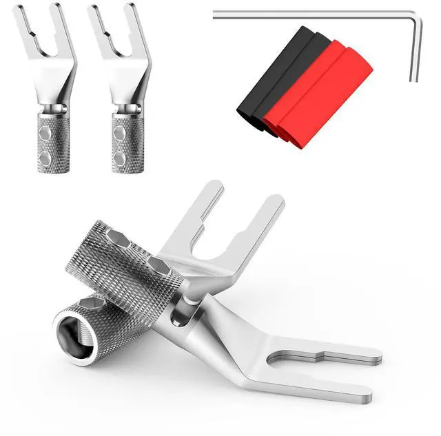 Main image of 4PCS Spade Connector,45 Degree Pure Copper Audio Fork Y Spade Plug DIY with Heat Shrink Tubing and Hex Wrench,Double Screw Locking Speaker Cable Plug for Speaker Cables (Knurled Rhodium Plated)
