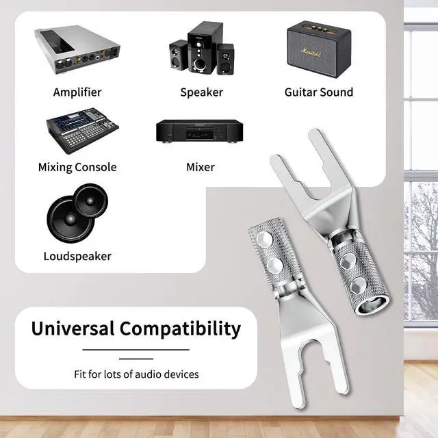 Alt view image 4 of 7 - 4PCS Spade Connector,45 Degree Pure Copper Audio Fork Y Spade Plug DIY with Heat Shrink Tubing and Hex Wrench,Double Screw Locking Speaker Cable Plug for Speaker Cables (Knurled Rhodium Plated)