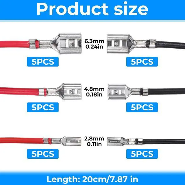 Alt view image 2 of 7 - 30Pcs 2.8mm 4.8mm and 6.3mm Female Spade Crimp Terminal with Insulating Sleeve and Wire, Red+Black Quick Splice Connector Kit for Speaker Wire, Crimp Terminal Assortment with 20cm Wires