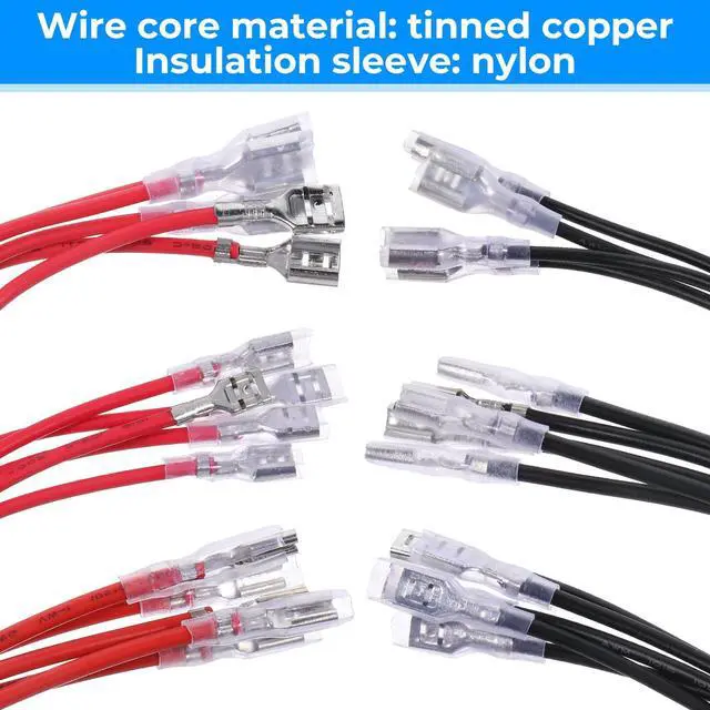 Alt view image 3 of 7 - 30Pcs 2.8mm 4.8mm and 6.3mm Female Spade Crimp Terminal with Insulating Sleeve and Wire, Red+Black Quick Splice Connector Kit for Speaker Wire, Crimp Terminal Assortment with 20cm Wires