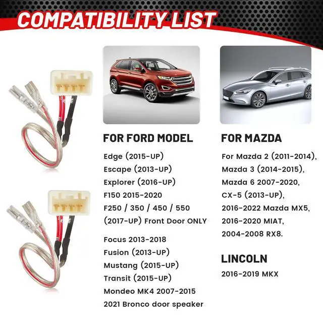 Alt view image 5 of 7 - Front Rear Door Speaker Wiring Harness Adapter Connector Plug Replacement for Ford Focus Fusion Explorer Edge 2013-2021, Mazda 3 6 CX5 2011-2020 for Aftermarket Speaker Install