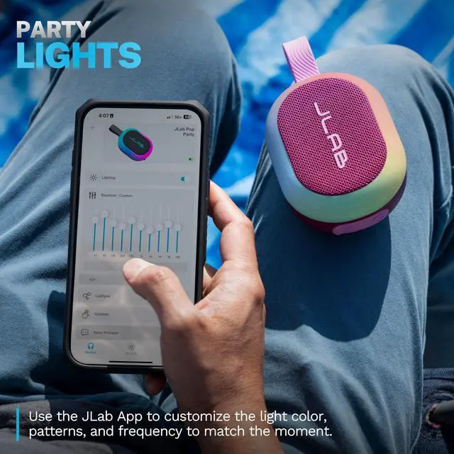 Alt view image 3 of 7 - , Pop Party, Portable Bluetooth Speaker, Waterproof, RGB Lighting, LabSync, Mulberry
