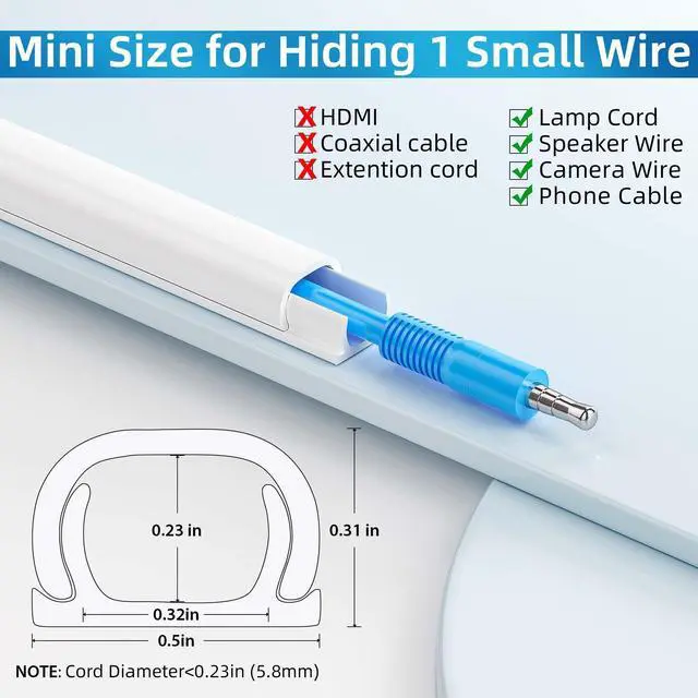 Alt view image 2 of 7 - 128in Mini Cord Hider for 1 Mini Wire, On-Wall Cord Cover Channel, Tape Wire Concealer, Cable Cover Cable Management for Home Office, W0.5in H0.31in, White