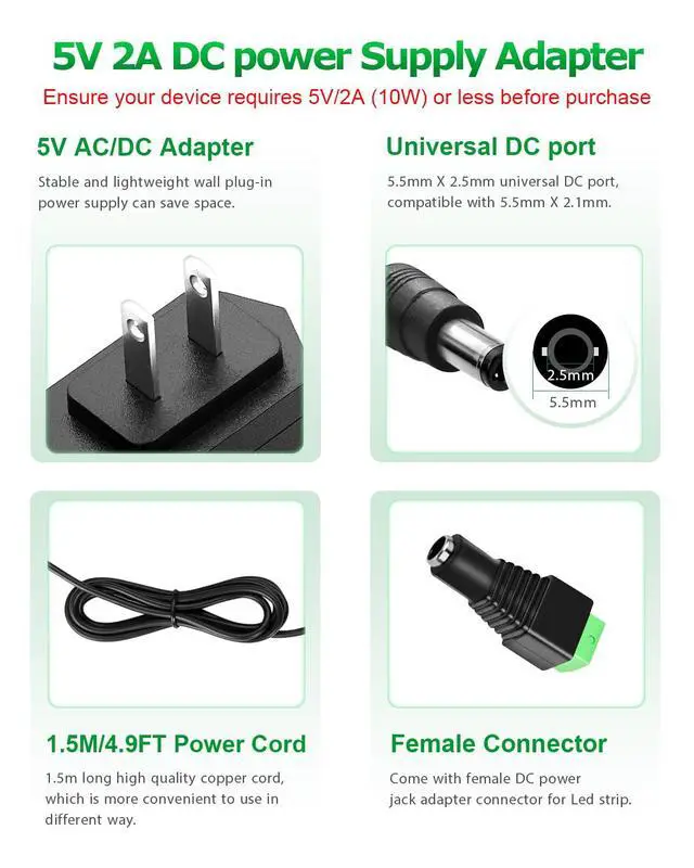 Alt view image 3 of 7 - 5V 2A 10W DC Power Supply Adapter AC/DC Wall Plug Charger AC 100V-240V to D C 5 Volt 2Amp 1A 1.5A Replacement Power Cord USB Type C for Security Camera Baby Monitor Scanner TV Box Raspberry