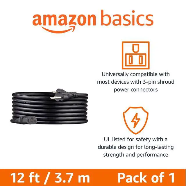Alt view image 2 of 5 - PC Power Cord, 12 feet, Replacement AC Power Cord for Computer, Monitor, TV, Printer, 3 Prong, 18 AWG, 125 Volts, Black