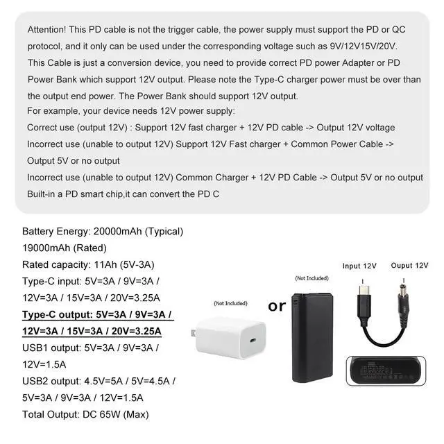 Alt view image 6 of 7 - USB C to DC 5.5mm x 2.1mm Power Cable Cord, USB C Input to DC 12V Out Charging Cable, Work with PD Charger and PD Power Bank, Output DC 12V 3A MAX 36W