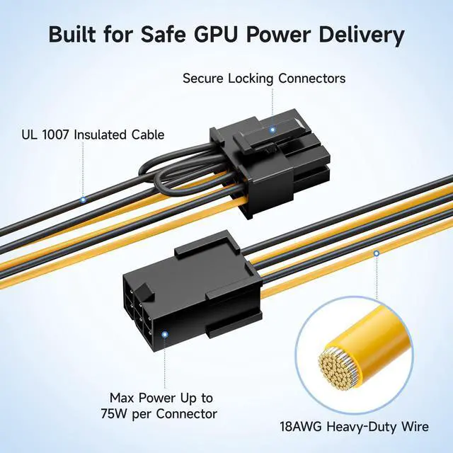 Alt view image 4 of 6 - 2-Pack 6 Pin to 8 Pin PCIe Adapter Power Cable - 4 Inches