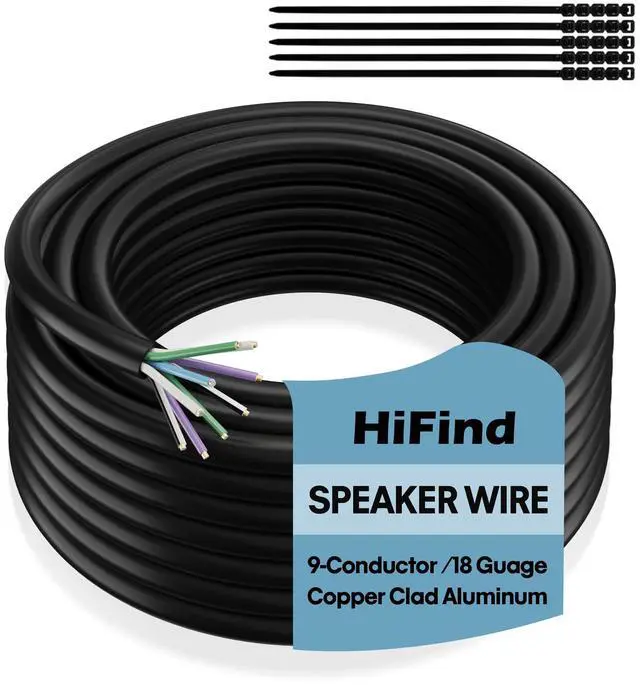 Main image of 18 AWG 9-Conductor Speaker Wire Cable 25 Ft, 4-Channel CCA Stranded Hiding Primary Wire Low Voltage Remote Wire, Ultra-Flex and Easy Peel Jacket for Trailer, Car Marine Home Audio System-Black+Ties