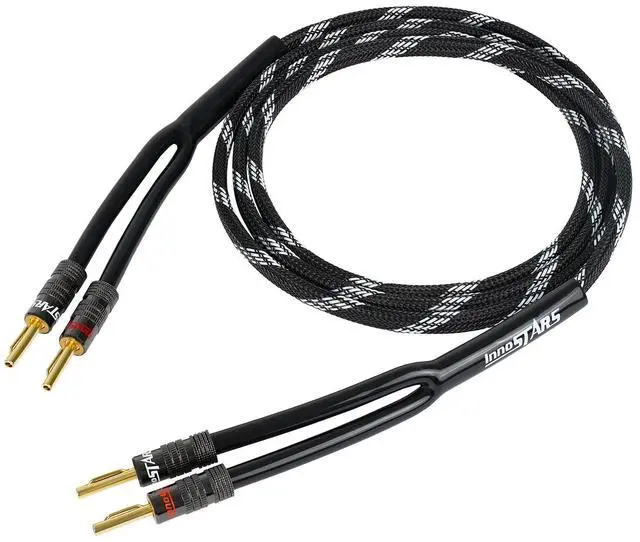 Main image of 14AWG Speaker Cable Wire with Gold-Plated Banana Tip Plugs (6 Feet) - 99.99% Oxygen-Free Copper (OFC) - in-Wall CL2 Rated, Heavy Duty Braided - Black, 6ft
