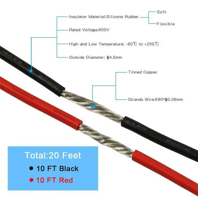 Alt view image 3 of 7 - 12 Gauge Silicone Wire 10 ft red and 10 ft Black Flexible 12 AWG Stranded Tinned Copper Wire