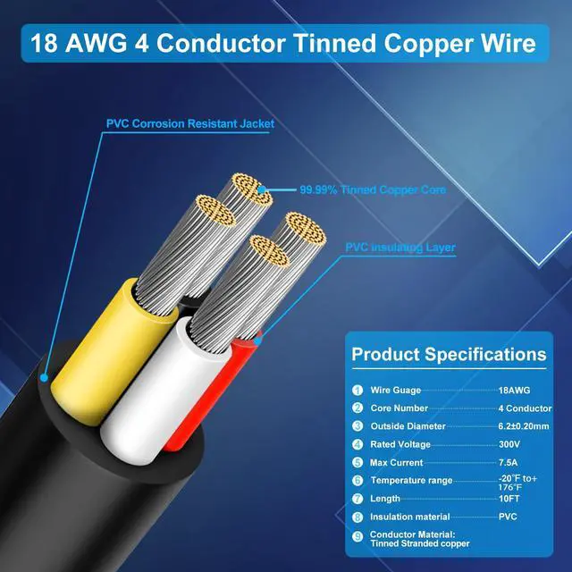 Alt view image 2 of 7 - 18 Gauge 4 Conductor Wire, 10FT 18/4 Tinned Copper 4 Wire Cable, Stranded Electrical Wires for Speaker,Automotive,Thermostat,Trailer,Irrigation,Sprinkler Etc