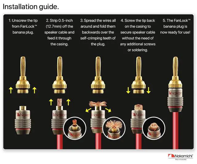 Alt view image 6 of 7 - FanLock Excel Series 24k Gold Plated Banana Plugs 10 AWG - 18 AWG Gauge Size 4mm for Speakers Amplifier Hi-Fi Stereo Home Theatre Radio Audio Wire Cable Quick Connector, 4 Pcs (2-Pairs)