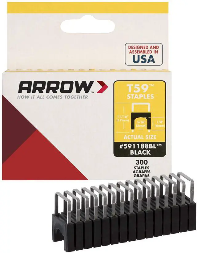 Main image of 591188BLSS Genuine T59 Stainless Steel 1/4-Inch Leg Length by 5/16-Inch Crown Width Insulated Staples for Cable and Wiring, Black, 300 Count