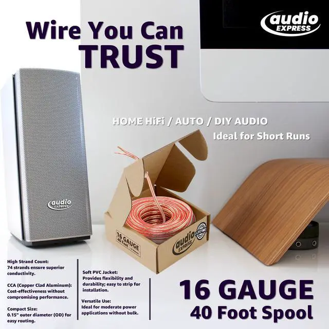 Alt view image 2 of 2 - 40ft 16-Gauge Stereo Speaker Wire, 12.19m, 2 Conductor, Polarity Marked, Clear PVC, CCA, Coil in Box, HiFi, Home Theater, HiFi, Surround, Car Audio, 74 High Strand Count (.15 OD)