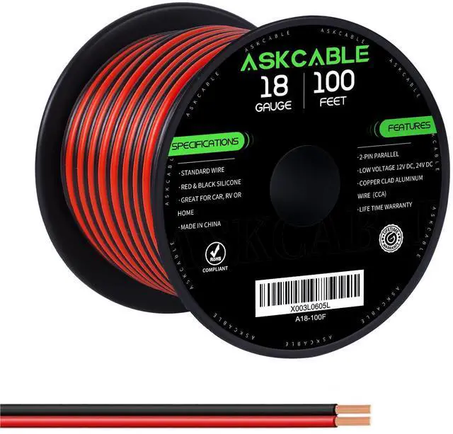 Main image of 18 Gauge Wire, 18 AWG Electrical Wire Cable, 2 Conductors Red Black Wire, Copper Clad Aluminum(CCA) Flexible PVC Extension Cord for Speaker, Hookup LED Strips, Automotive 12V/24V DC (100FT)
