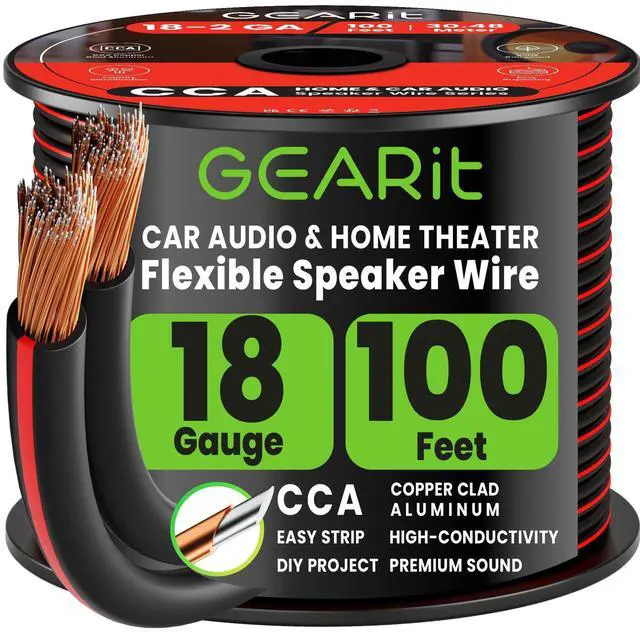 Main image of 18 Gauge Speaker Wire Black 100 ft, Speaker Cable with Foot Markers & Polarity Markings, 18 Gauge Wire for Car Audio & Home Theater Speakers, Audio Cable for DIY Installations, CCA(Black)