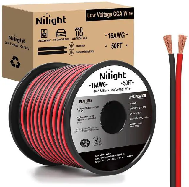 Main image of 50FT 16AWG Copper Clad Aluminum Wire 16/2 Gauge Red Black CCA Electrical Cable 2 Conductor Parallel 12V/24V DC Flexible Extension Cords for Car Audio Radio Speaker Amplifier