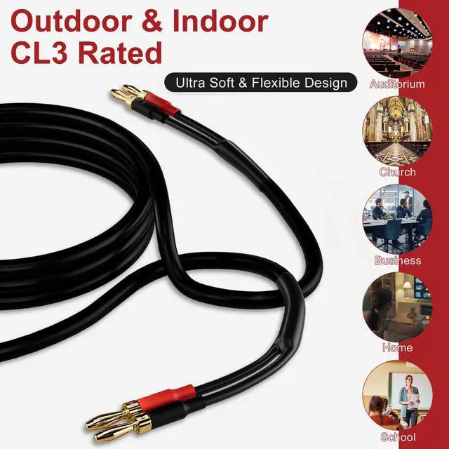 Alt view image 4 of 6 - Speaker Cable Wire 20 Ft with Gold-Plated Banana Tip Plugs-UL CL3 Rated-Indoor&Outdoor&in Wall-Flexible-16 AWG Gauge Tinned Copper for Bi-Wire Bi-Amp HiFi Surround Sound-Black