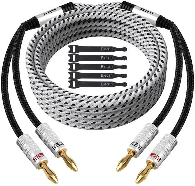 Main image of 14 AWG Speaker Cable Wire 8 Feet with Gold-Plated Banana Tip Plugs-CL2 Rated-in Wall-Heavy Duty Nylon Braided, Oxygen-Free Copper (OFC)-White-with 5 Cable Ties