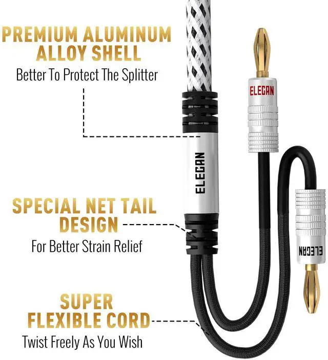 Alt view image 3 of 5 - 14 AWG Speaker Cable Wire 8 Feet with Gold-Plated Banana Tip Plugs-CL2 Rated-in Wall-Heavy Duty Nylon Braided, Oxygen-Free Copper (OFC)-White-with 5 Cable Ties