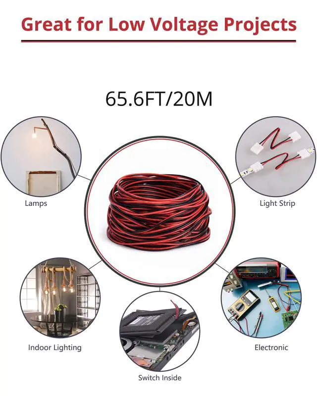 Alt view image 6 of 7 - 65.6ft Extension Cable Wire Cord 20M 22AWG Led Wire Cord for Single Color LED Strips 22/2 Low Voltage Extension, Black and Red, Led Light, Speaker, Doorbell, Electrical System Connection