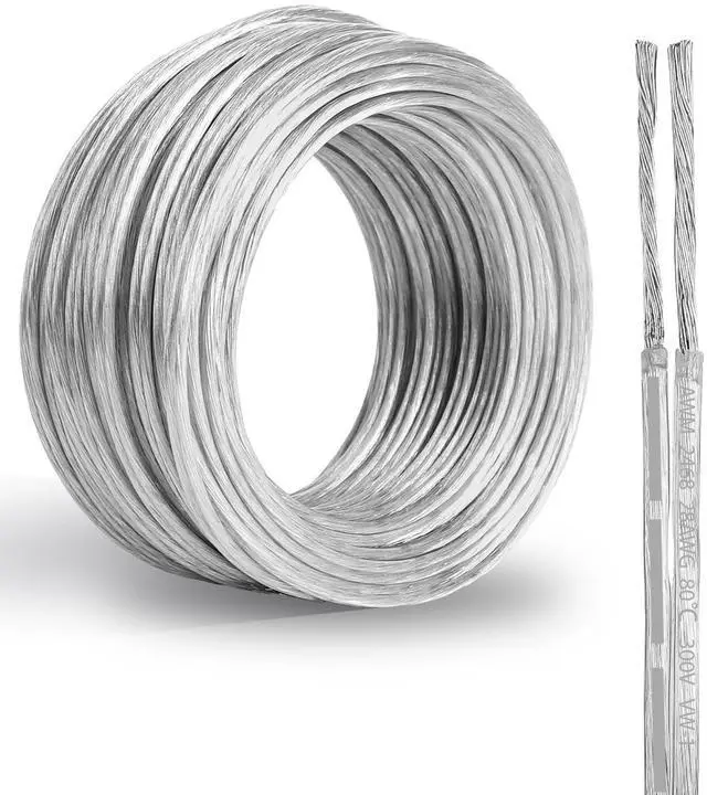 Main image of 28 Gauge PVC Covered Copper Wire 30FT, UL 2468 28 AWG 2 Conductor Tinned Copper 28/2 Flexible Transparent Cable for String Lamp Cord, LED Light Strip, DIY, Festival Decor, Sound, Speaker, 300V