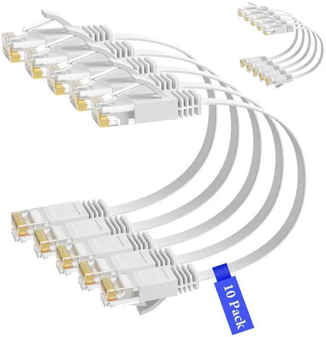 Main image of Cat 6 Flat Ethernet Cable 2 Ft/10 Pack, High Speed Slim Short Patch Cables Internet Cables, 30 AWG Pure Copper 10Gbps 500MHz,Thin Flexible for POE Cat6 Cat 5e Cat 5 Network Cable Cord-White