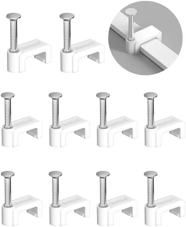 Main image of 100Pcs 7.5mm Cable Clips with Nails, Custom Fit for Jadaol Cat6 Flat Ethernet Cable, Wall Wire Tacks for RJ45 LAN, Coax, Speaker, and Network Cables