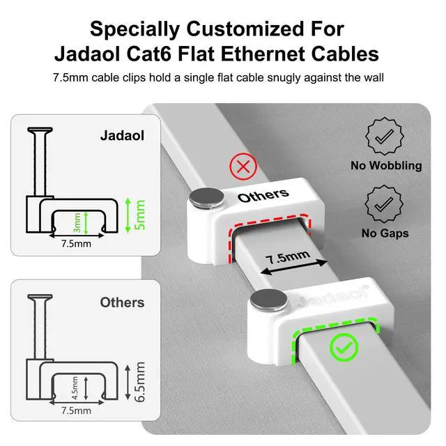 Alt view image 2 of 7 - 100Pcs 7.5mm Cable Clips with Nails, Custom Fit for Jadaol Cat6 Flat Ethernet Cable, Wall Wire Tacks for RJ45 LAN, Coax, Speaker, and Network Cables