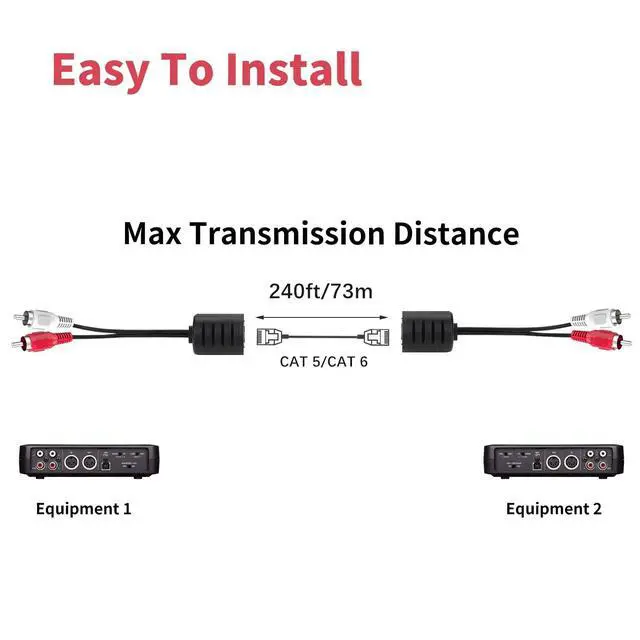 Alt view image 4 of 6 - Audio Balun, 2 Pack Stereo RCA to Stereo RCA Audio Extender Over Cat5 / Cat6 2 RCA to RJ45 Stereo Cable